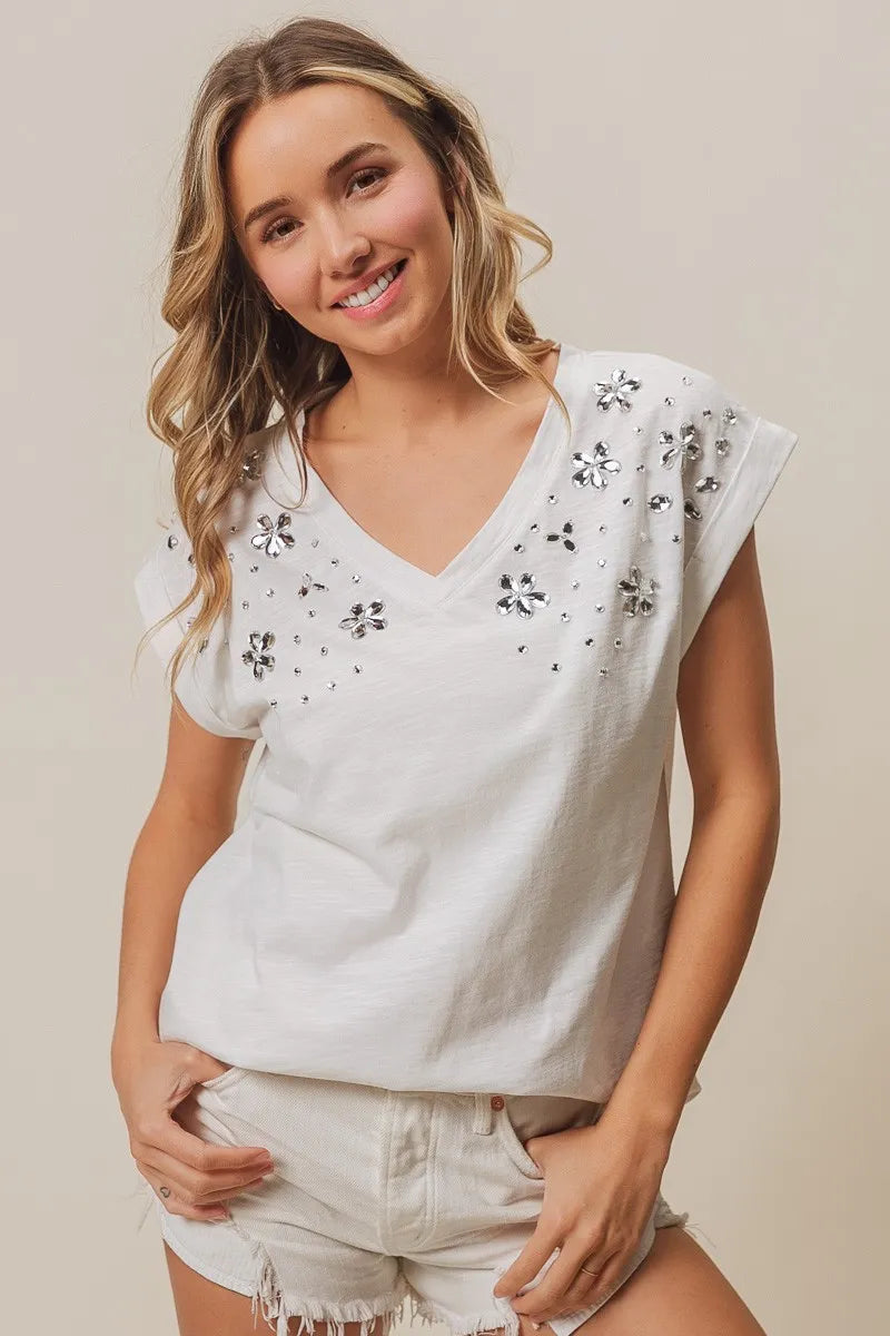BiBi Slub Jersey Rhinestone V Neck Top - Love Salve 