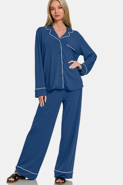 Chic Comfort Button-Up Lounge Set with Long Sleeves and Pants