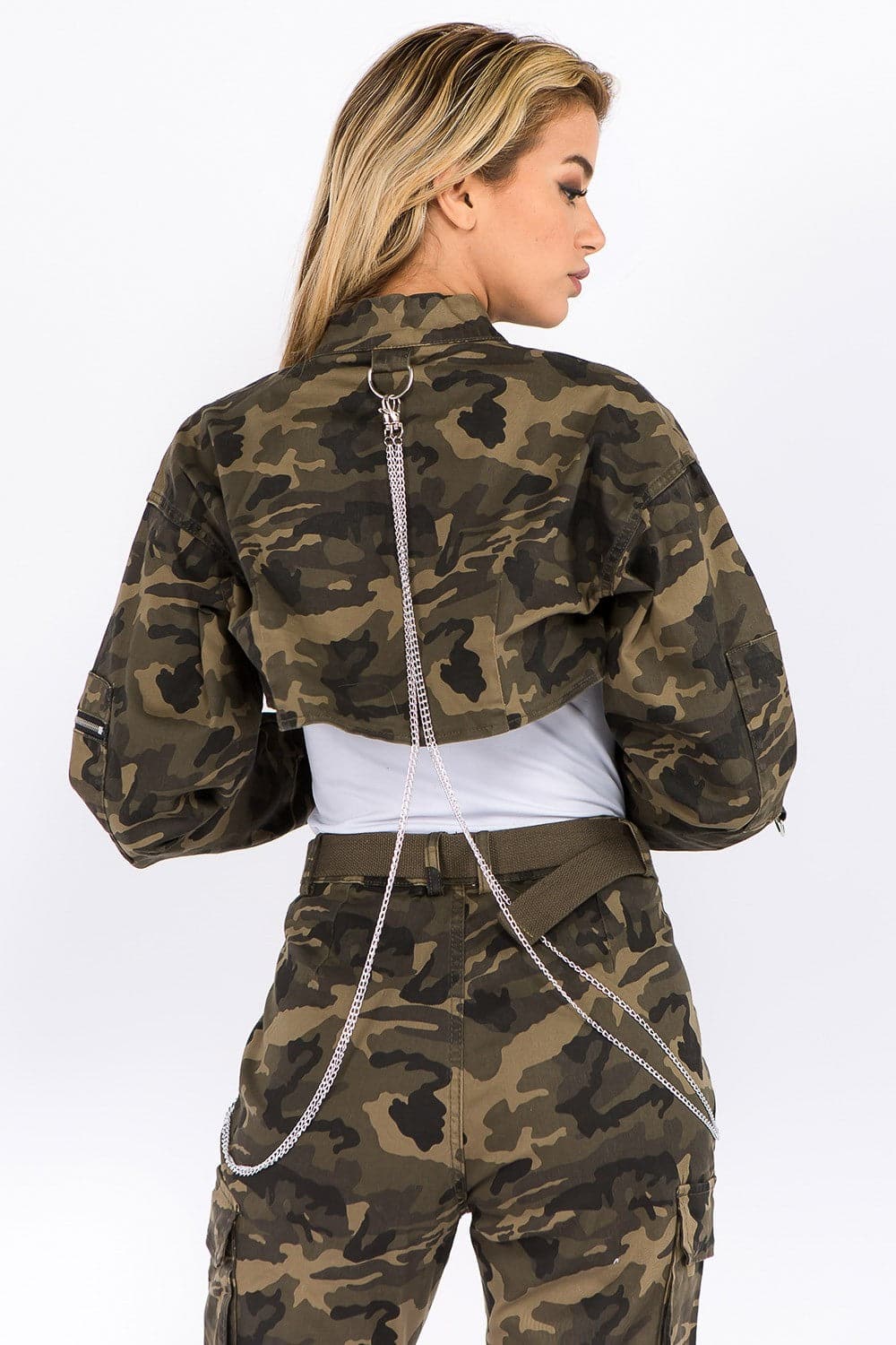 Camouflage cropped jacket with chains