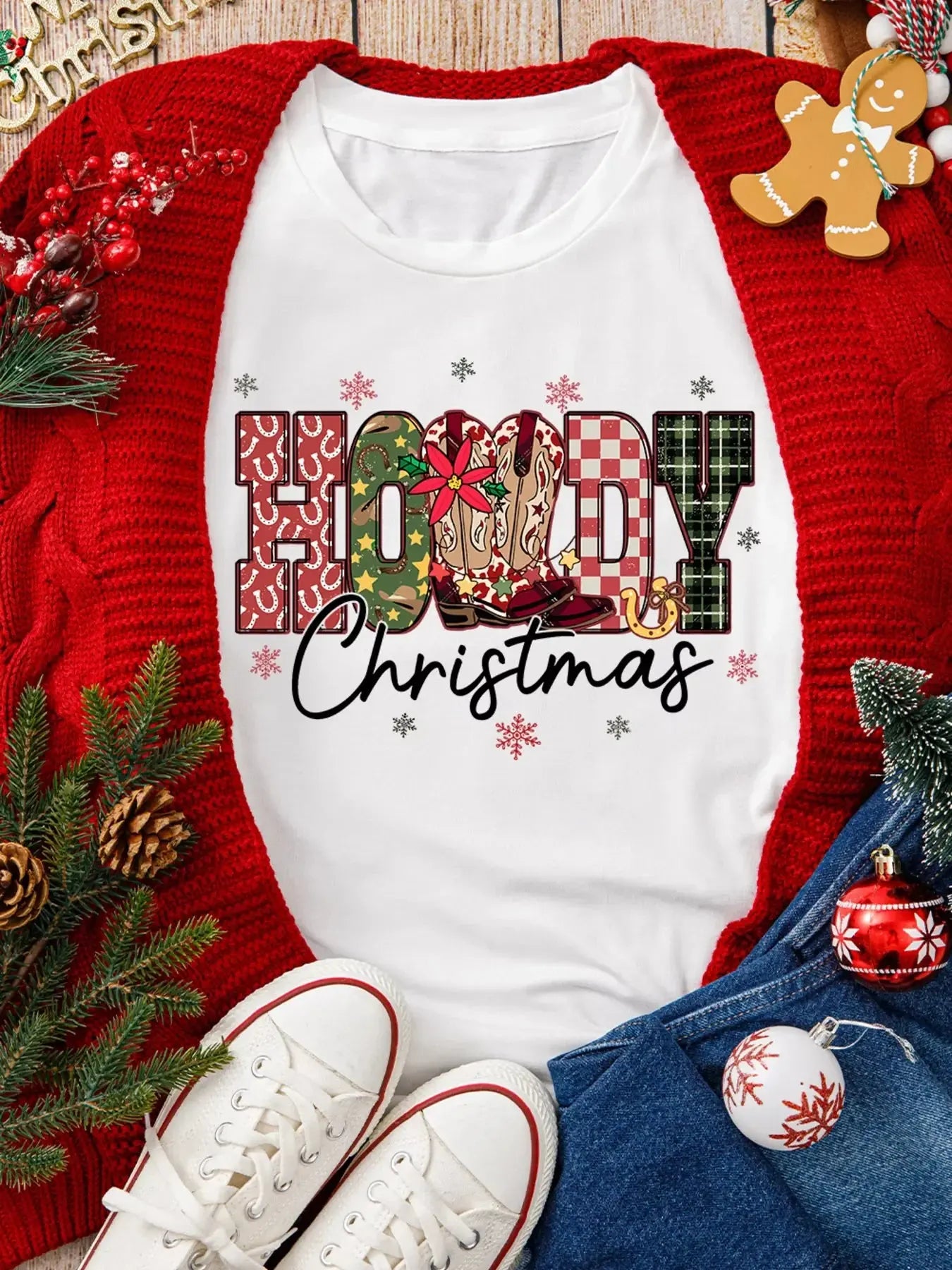 HOWDY Christmas Festive Letter Printed Crew Neck T Shirt Simply Love