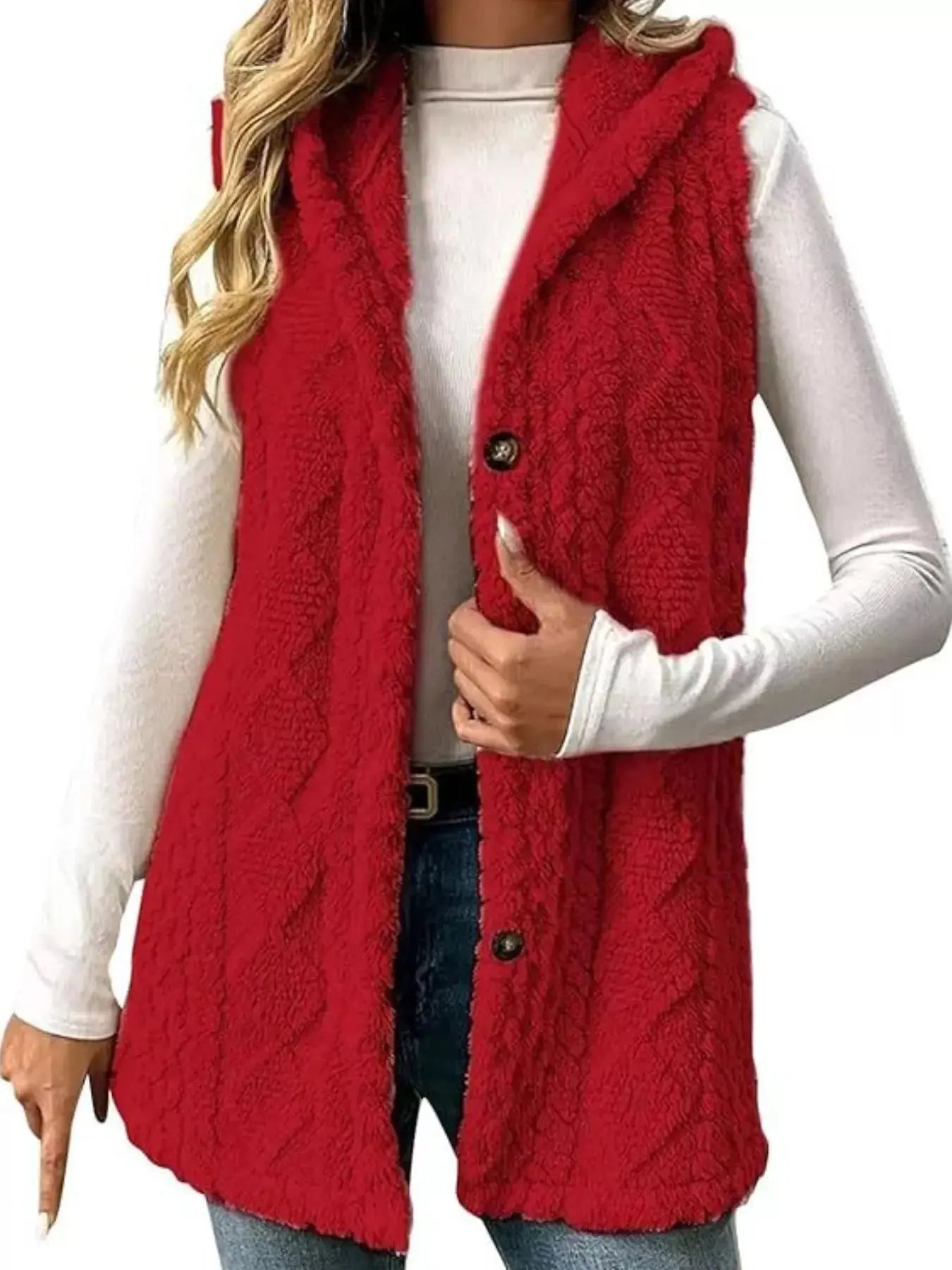 Hooded Button-Up Sherpa Vest Coat Simply Love