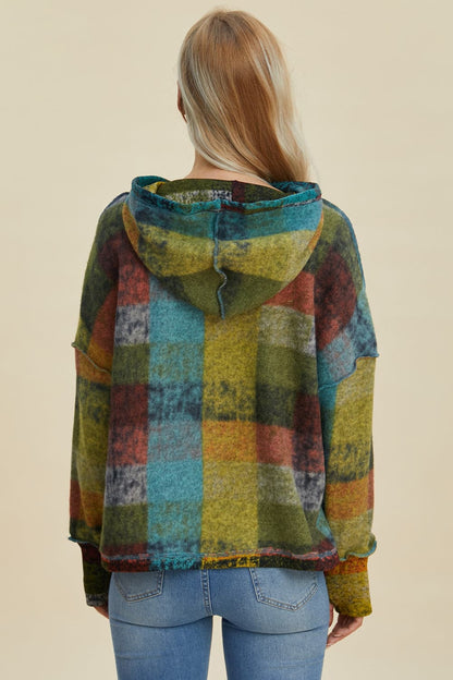 Double Take Full Size Plaid Dropped Shoulder Hoodie.