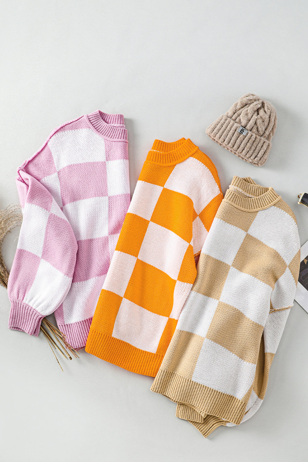 Chic orange checkered bishop sleeve knit sweater