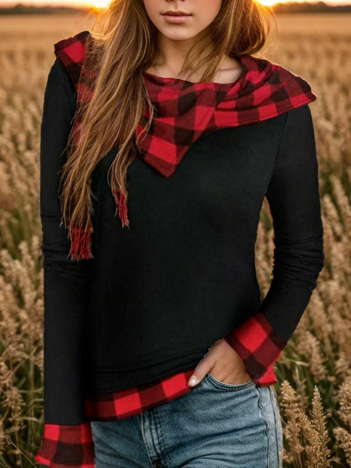 Plaid Long Sleeve Hooded Blouse.