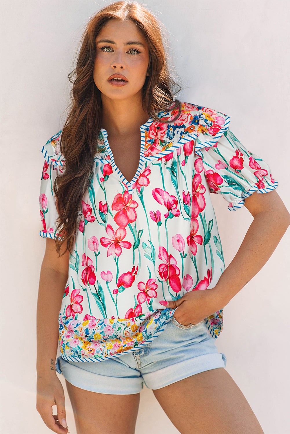 Greta Floral Split Neck Short Sleeve Blouse with Striped Trim - Love Salve 