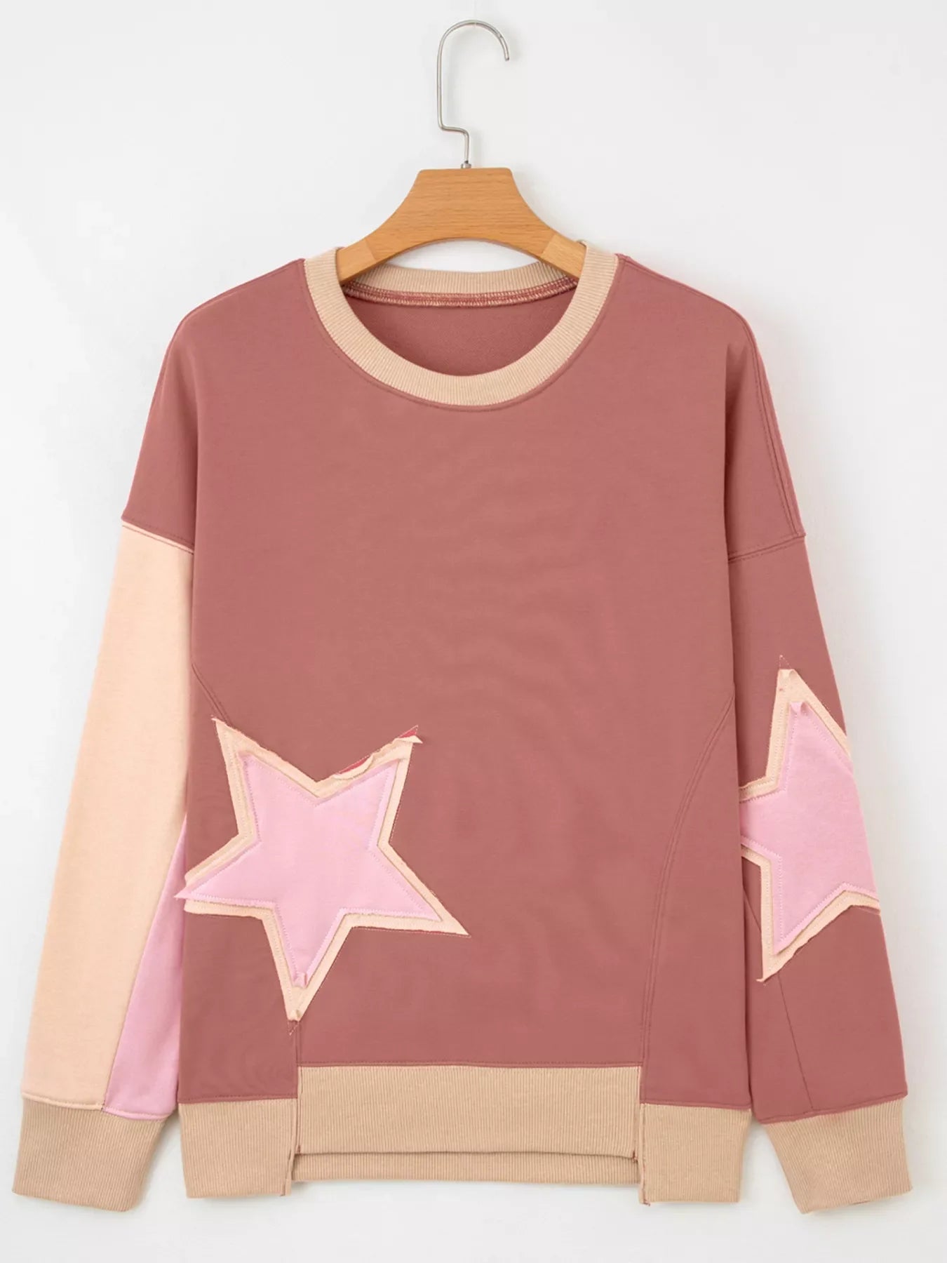 Contrast Star Patchwork Exposed Seam Uneven Hem Drop Shoulder Sweatshirt Simply Love