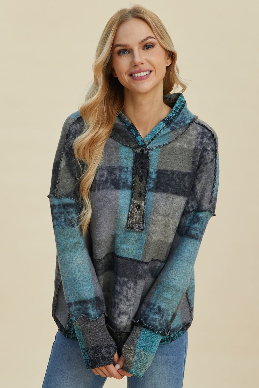 Double Take Full Size Plaid Dropped Shoulder Hoodie.