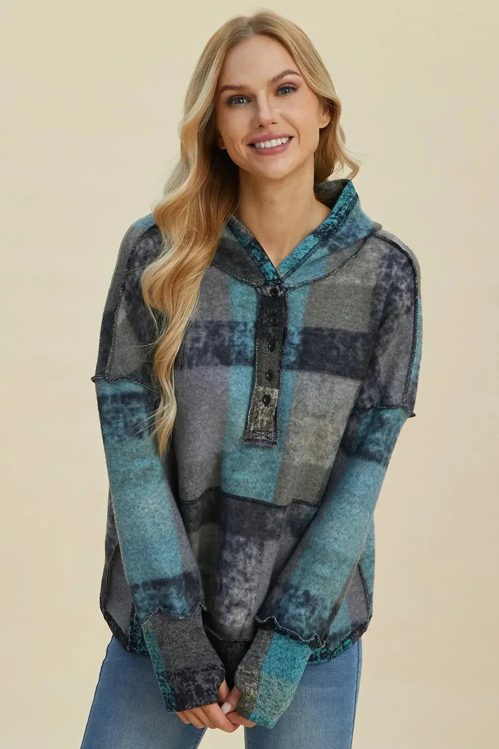 Double Take Full Size Plaid Dropped Shoulder Fleece Hoodie - Love Salve