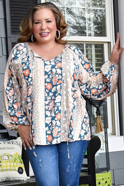 Colorful plus size mixed print blouse with split neckline