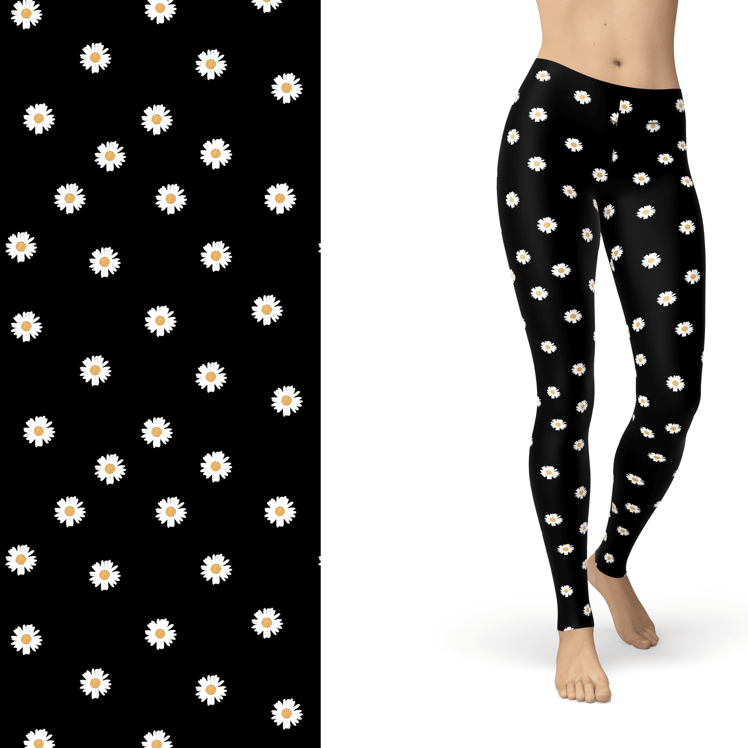Daisy Flower  Leggings Black and White with Left Side Pocket Active MM