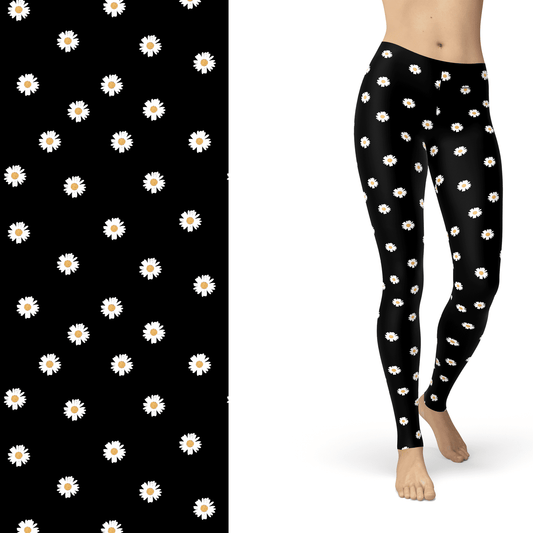 Daisy Flower  Leggings Black and White with Left Side Pocket Active MM