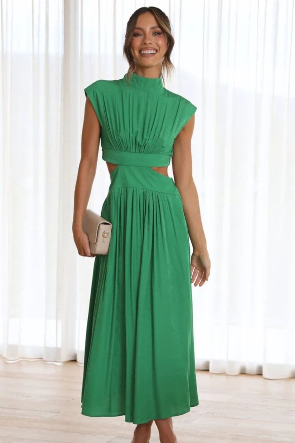 Cutout Mock Neck Sleeveless Ruched Dress.