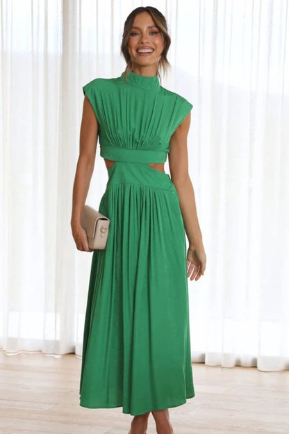 Cutout Mock Neck Sleeveless Ruched Dress.