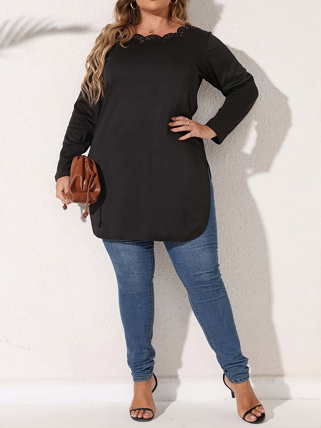 Plus Size Slit Long Sleeve T-Shirt.