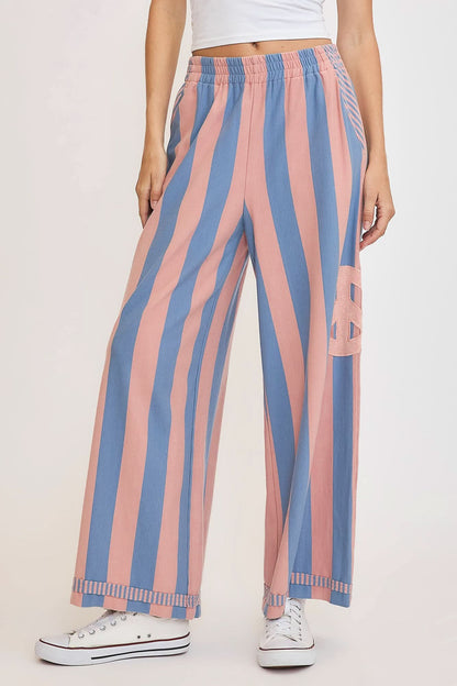 Peaceful Vibes Striped Wide Leg Trousers with Patch Detail