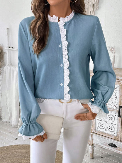 Lace-Embellished Button-Up Long Sleeve Blouse