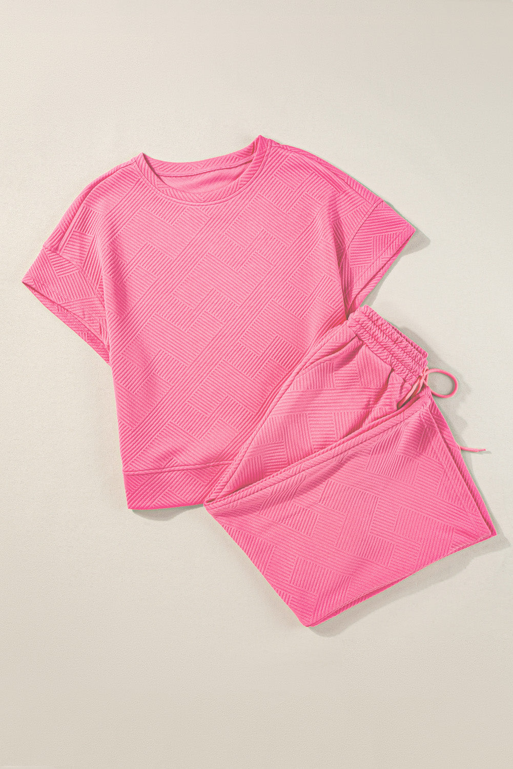 Strawberry Pink Casual Textured T-Shirt and Jogger Pants Ensemble