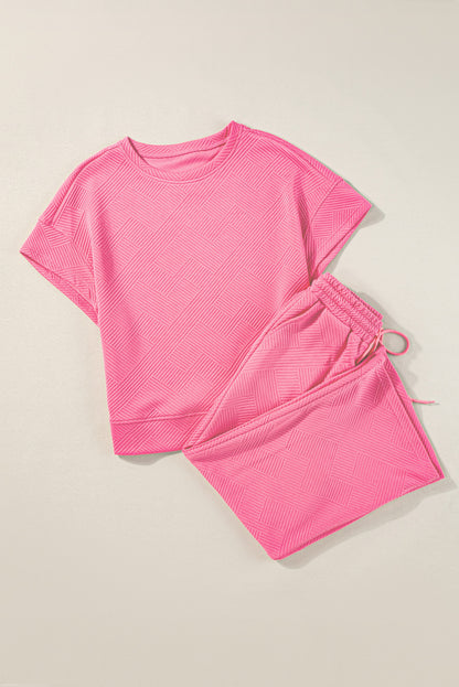 Strawberry Pink Casual Textured T-Shirt and Jogger Pants Ensemble