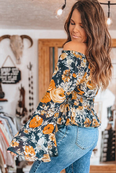 Premium Blue Floral Off Shoulder Bell Sleeve Smocked Peplum Top