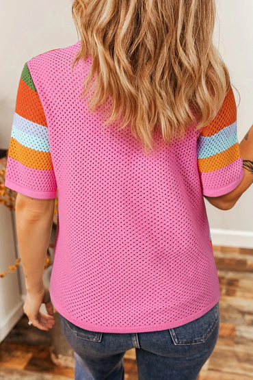 Color Block Eyelet Casual Knit Top