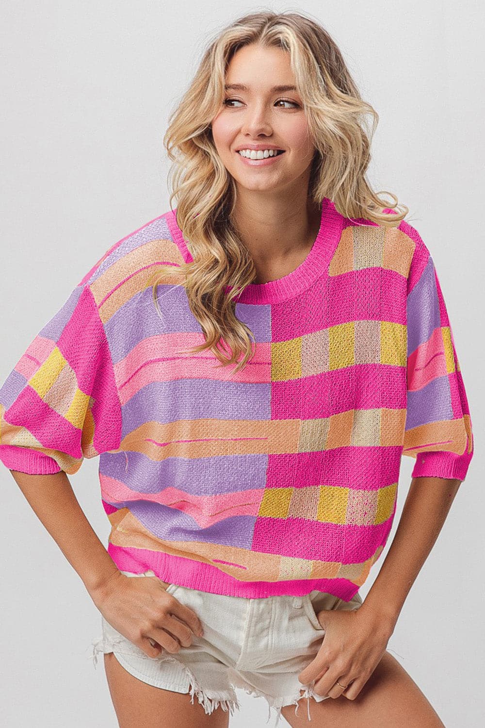 BiBi Multi Color Striped Round Neck Knit Top.