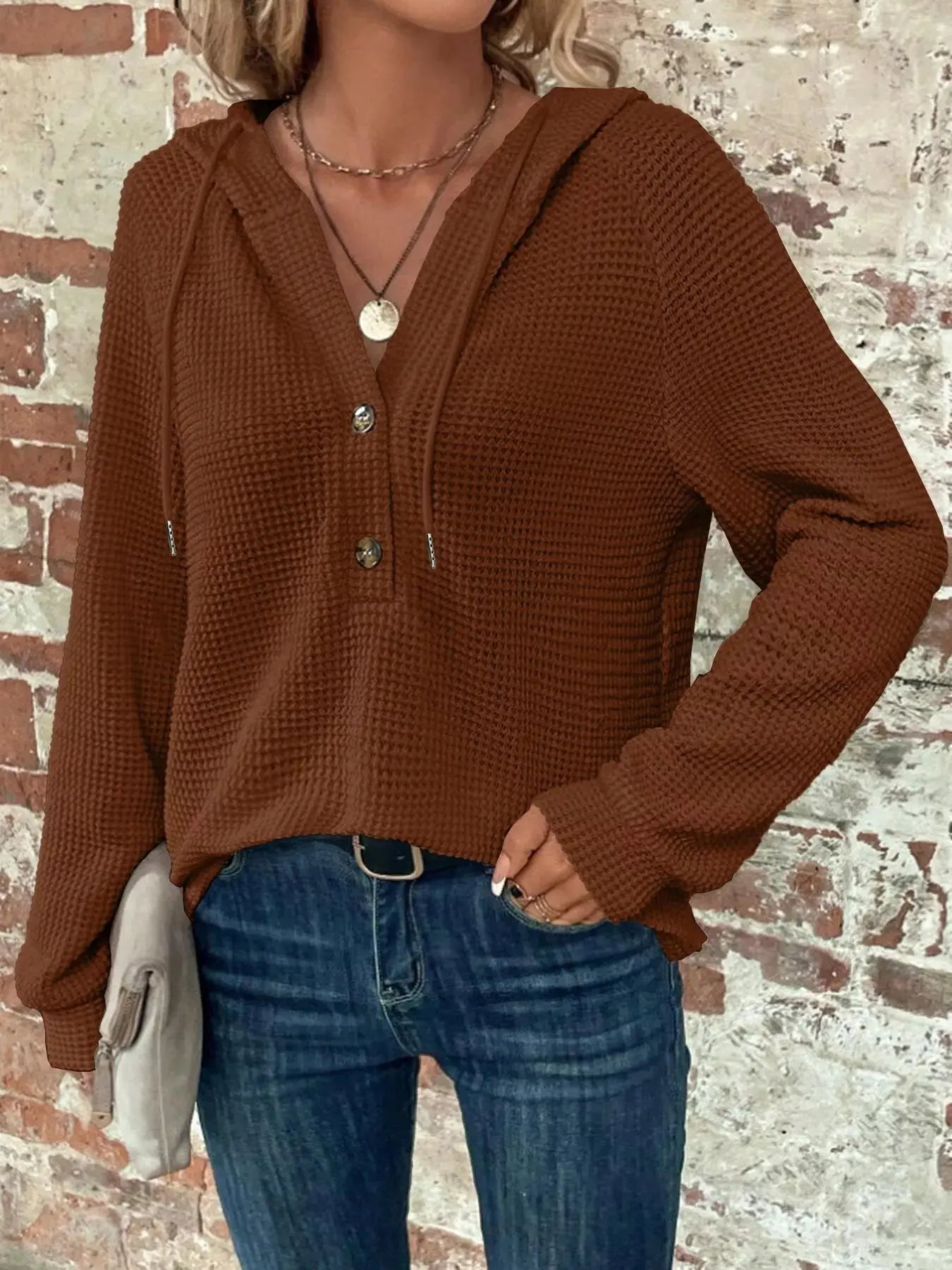 Waffle Knit Button Detail Hoodie Simply Love