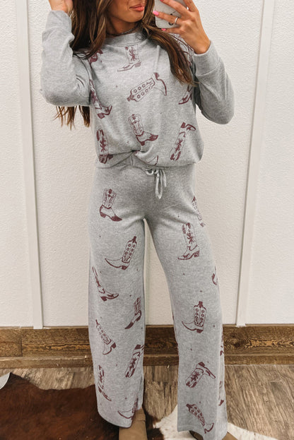 Gray cowgirl boot print lounge set with long sleeve top and adjustable pants