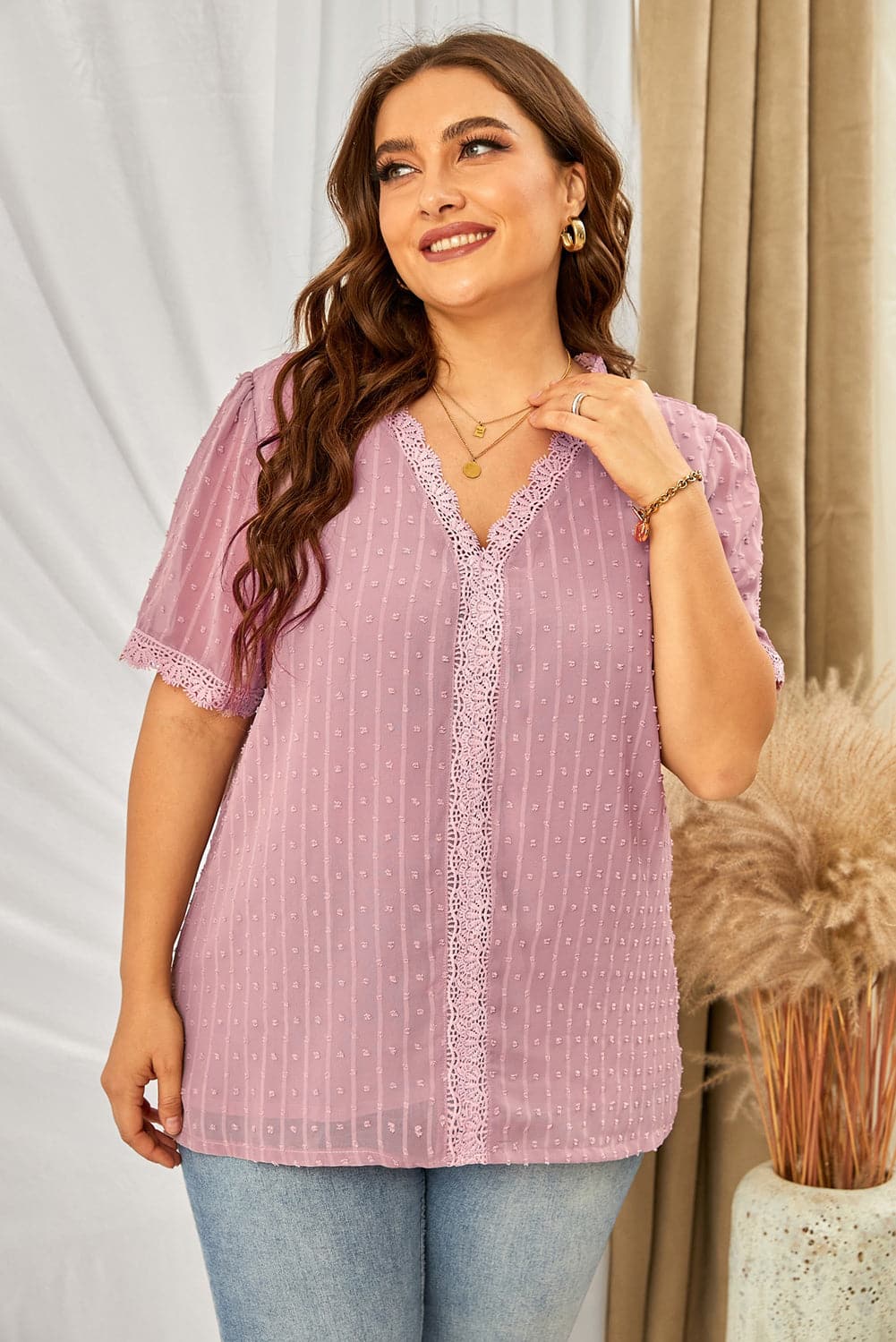 Plus Size Swiss Dot Spliced Lace V-Neck Blouse.