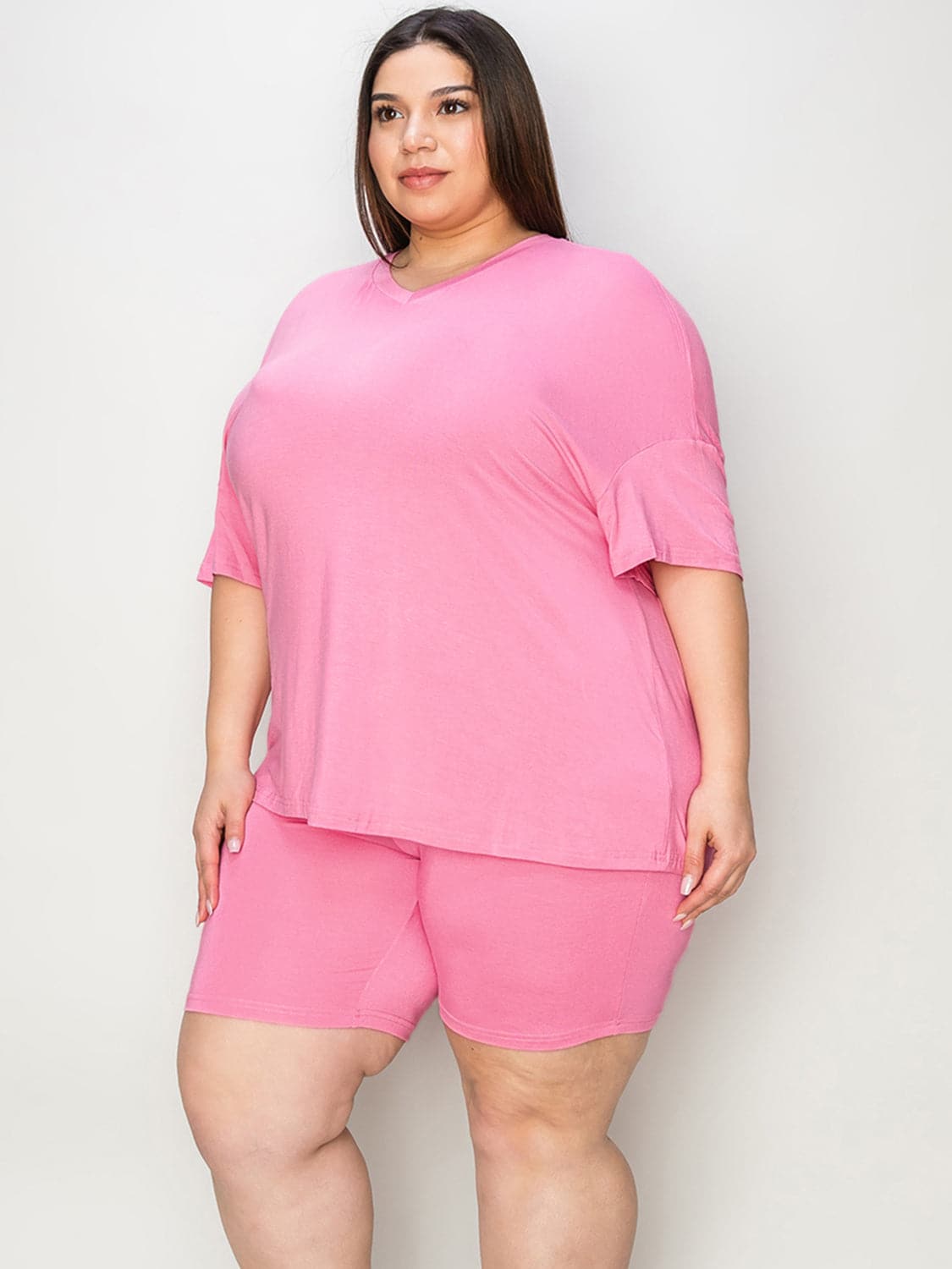 Basic Bae Full Size V-Neck Drop Shoulder T-Shirt and Shorts Set.