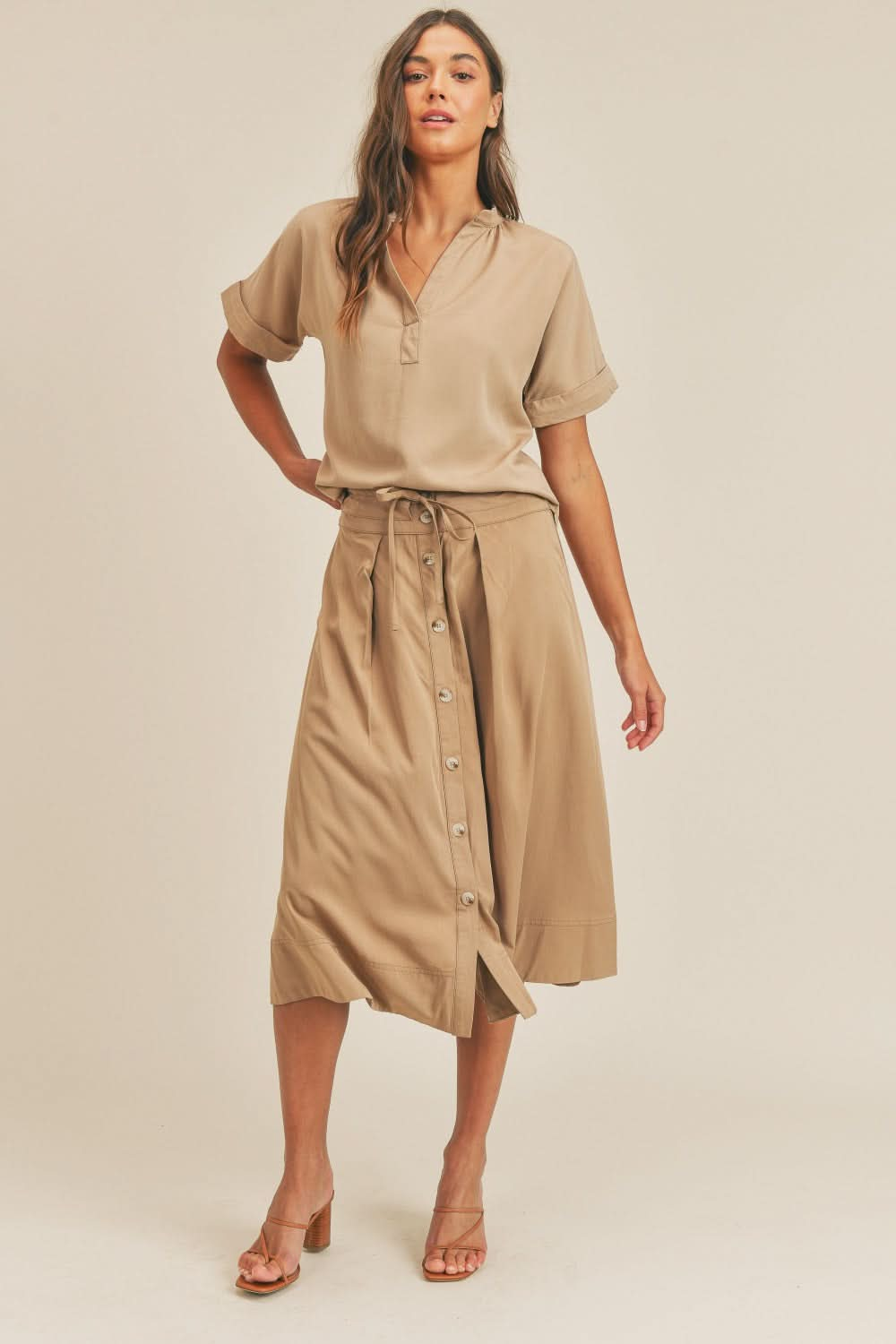 Chic Short Sleeve Top and Classic Button Down Midi Skirt Ensemble