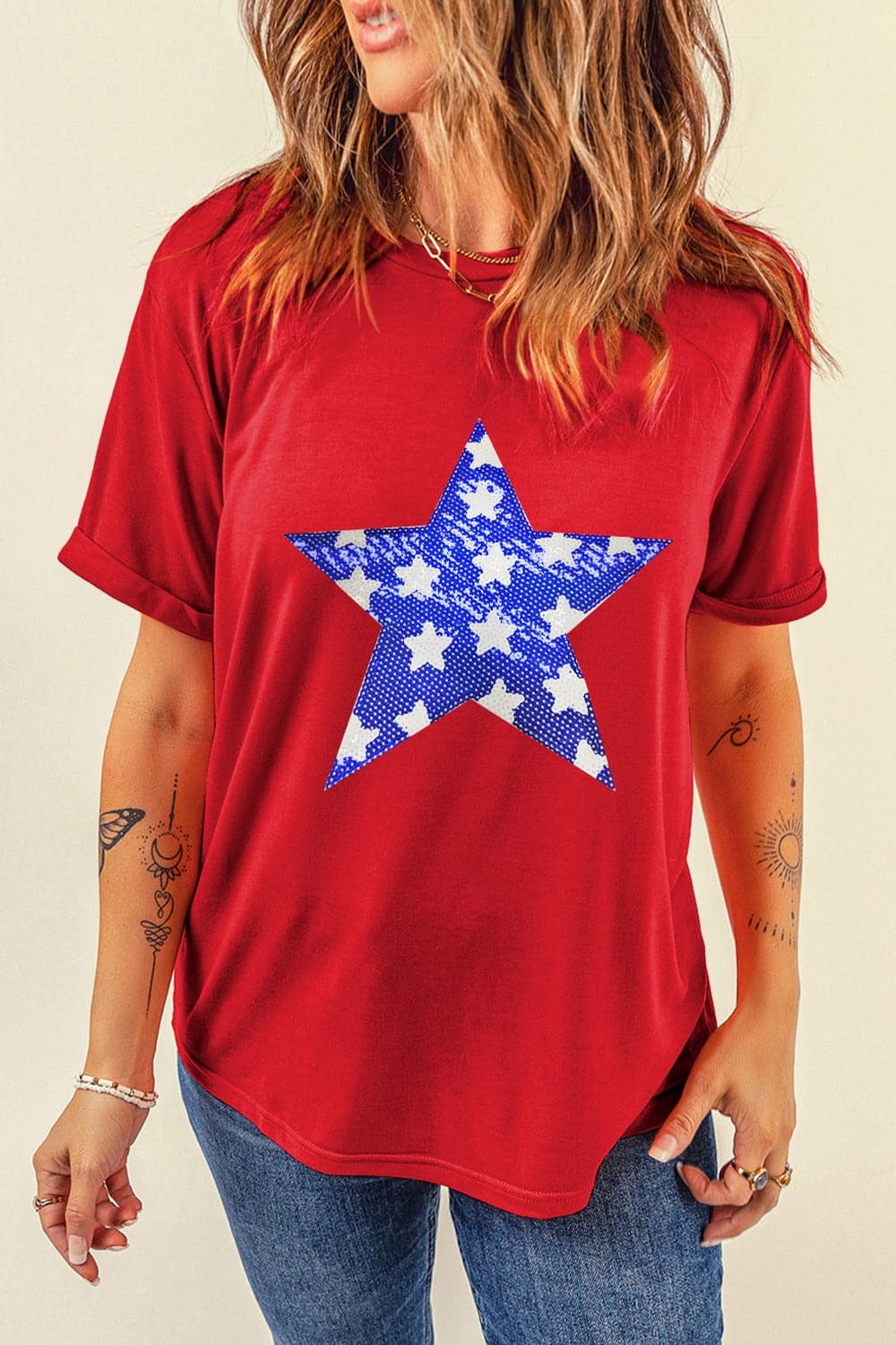 Sequin Star Round Neck Short Sleeve T-Shirt.