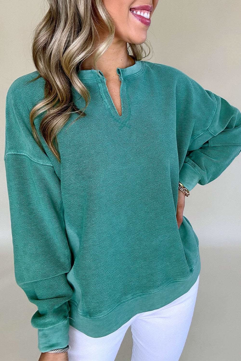 Skobeloff Solid Color Notched Neck Drop Shoulder Sweatshirt - Love Salve 