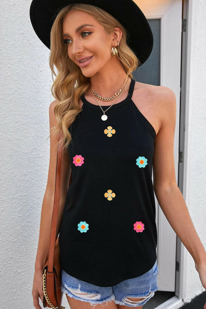 Floral Embroidery Grecian Neckline Tank Top.