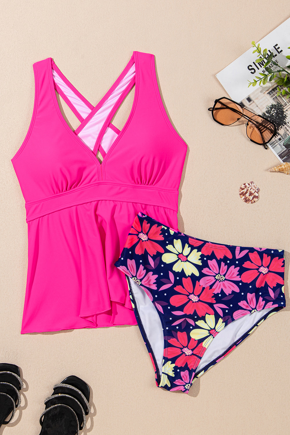 Floral Rose V Neck Two-Piece Ruffled Tankini Set