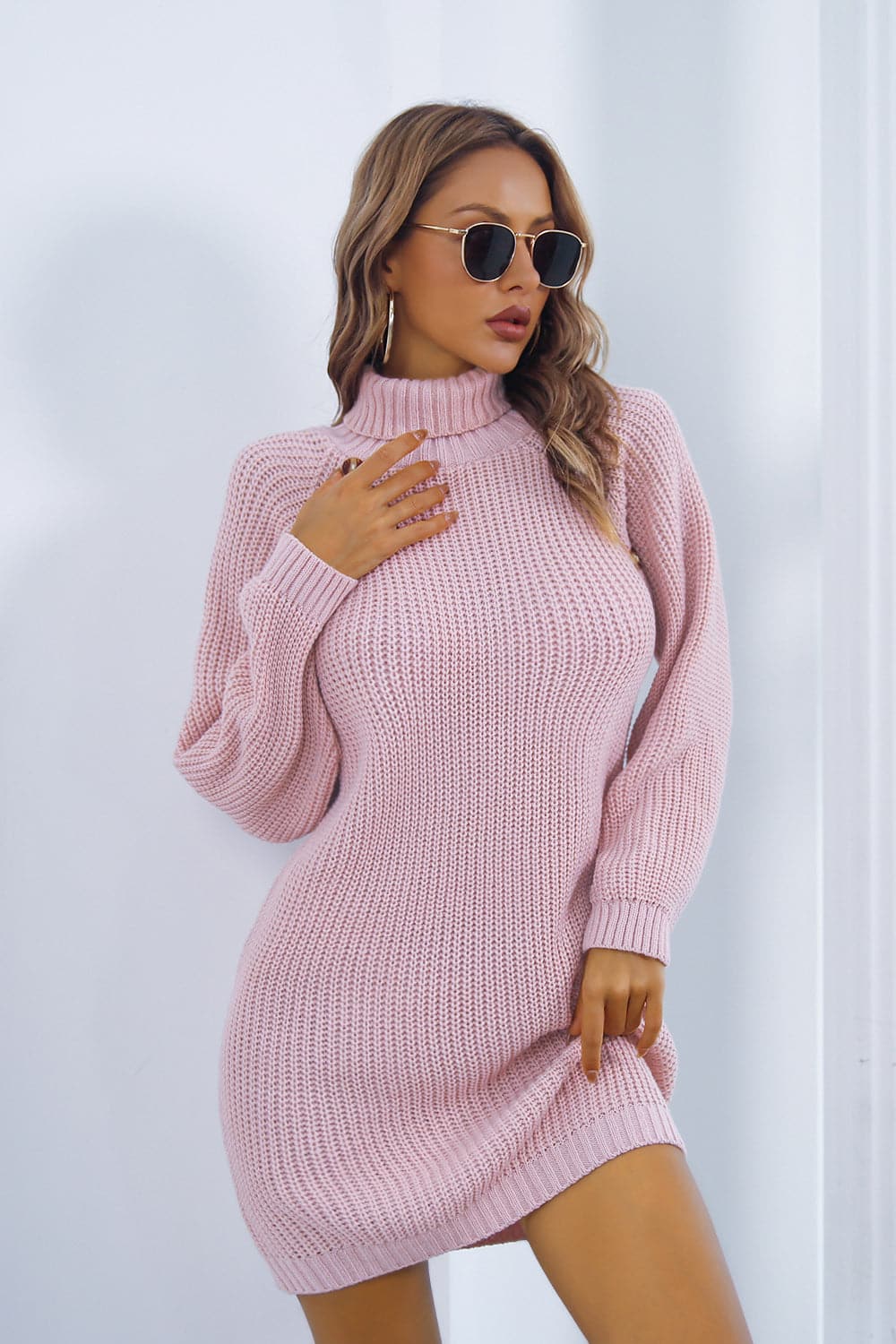 Buttoned Turtleneck Long Sleeve Sweater Dress.