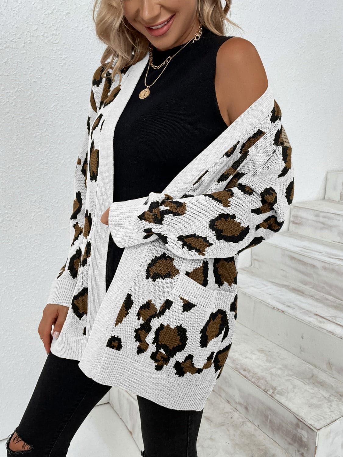 Leopard Open Front Dropped Shoulder Cardigan.