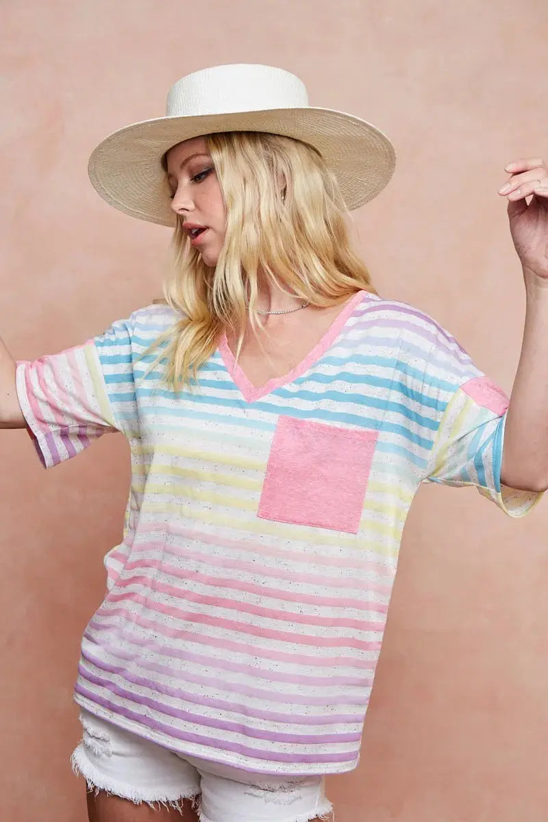 BiBi Rainbow Stripe Printed Triblend Knit Top - Love Salve 