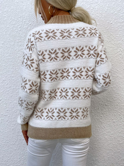 Snowflake Pattern Mock Neck Sweater.