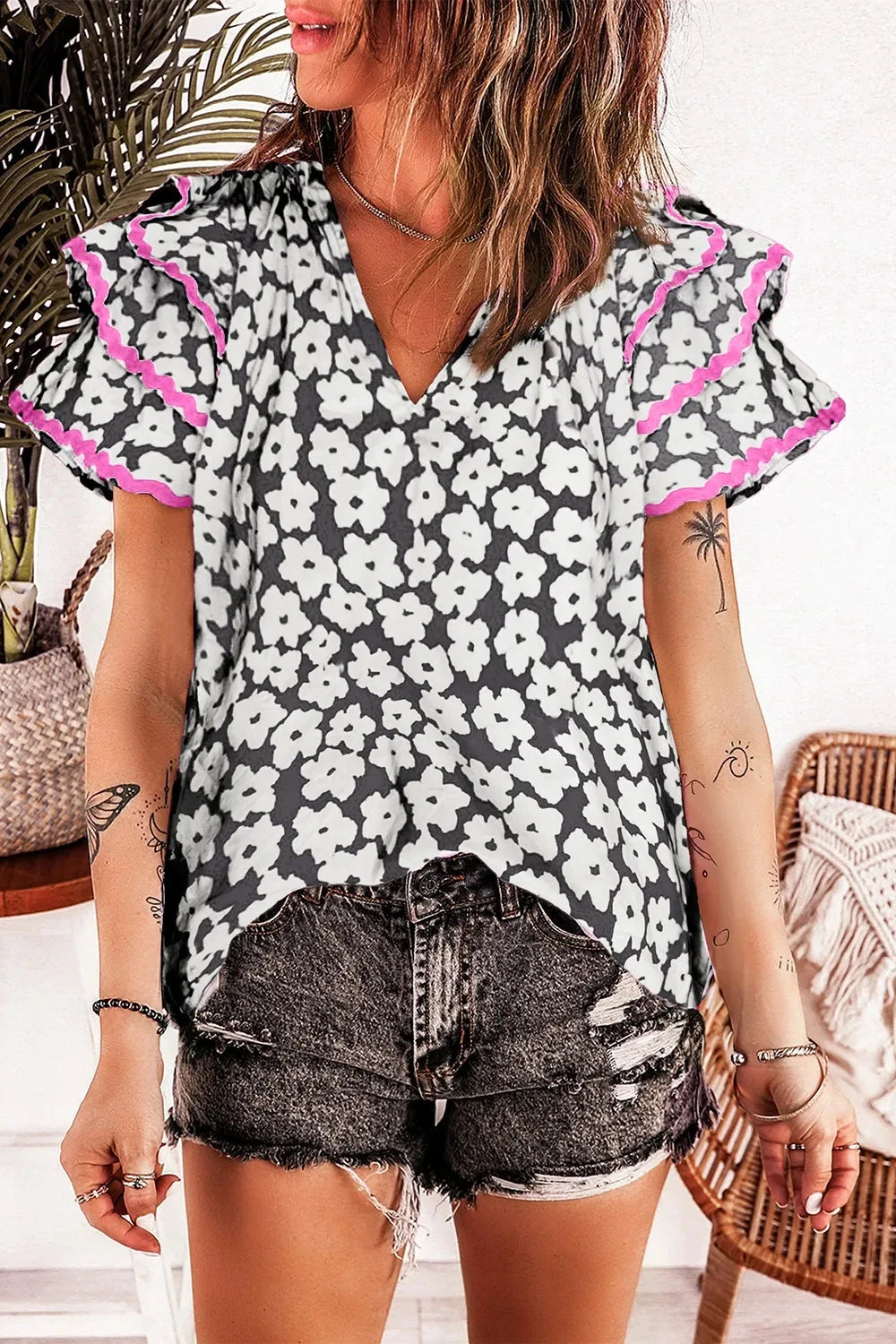 Printed V-Neck Flounce Sleeve Blouse Coco’s Tee Boutique