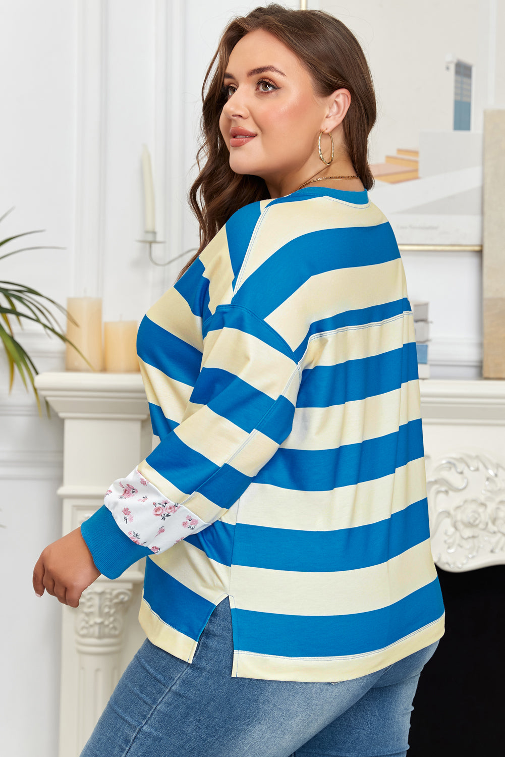 Blue Stripe Floral Color Block Drop Shoulder Plus Size Top