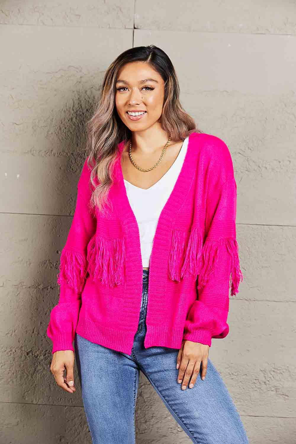 Fringe Trim Open Front Cardigan.