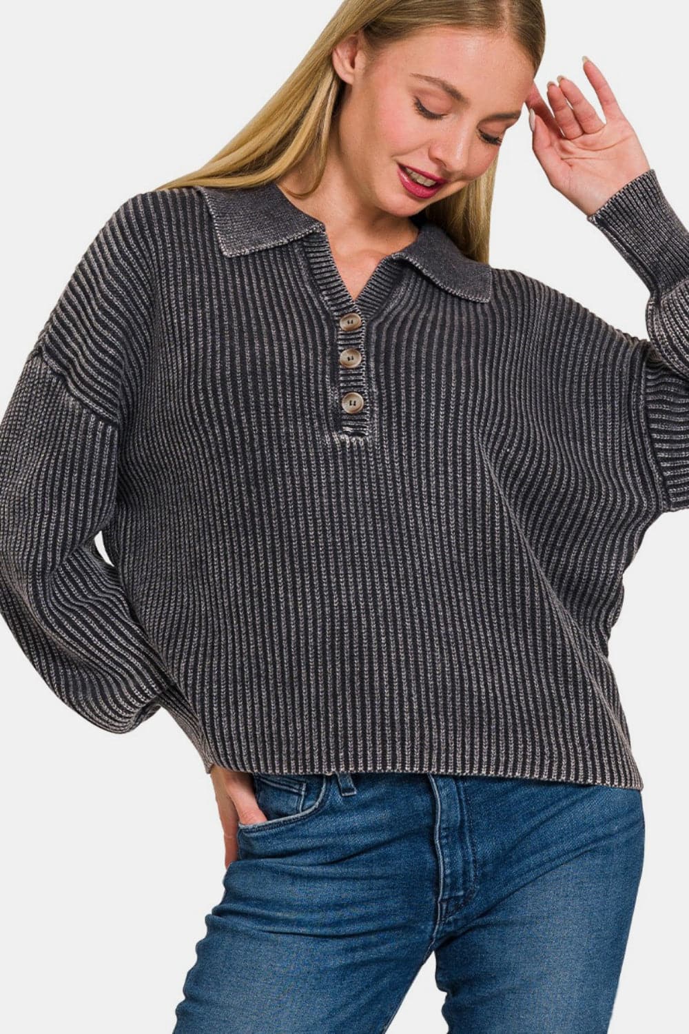 Zenana Washed Half Button Long Sleeve Sweater.