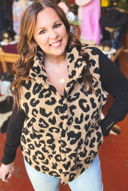 Premium Khaki Leopard Sherpa Button Front Plus Size Vest Jacket