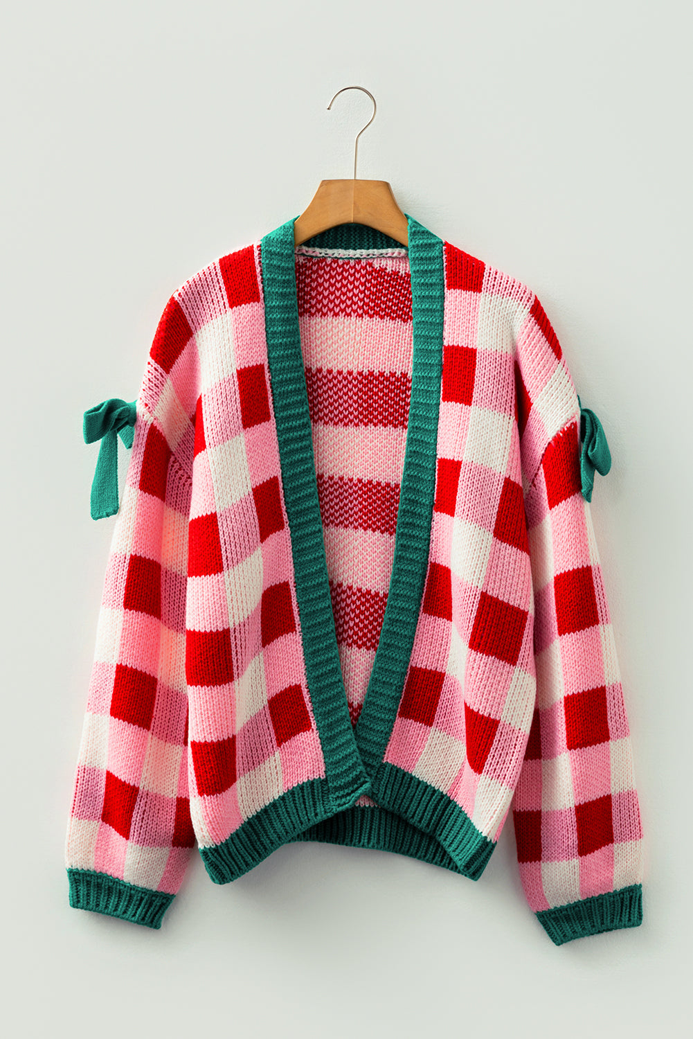 Pink Plaid Knit Bow Knot Decor Open Front Cardigan Sweater For Women Cozy Relaxed Fit Dear-Lover Dropshipping