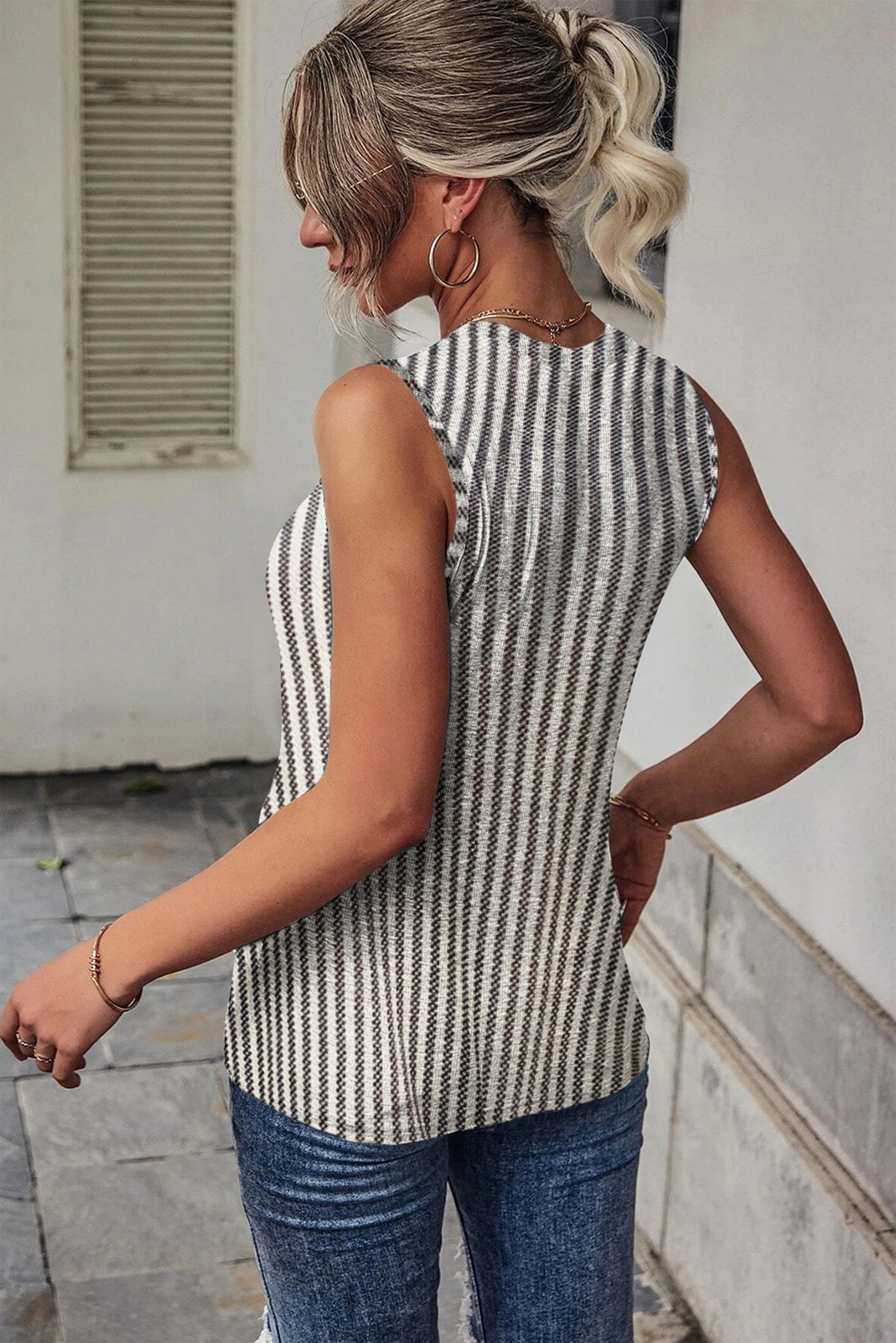 Stylish gray striped cutout twist front tank top