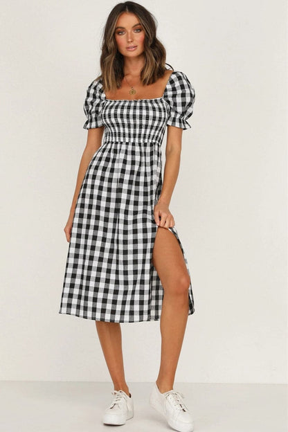 Full Size Slit Plaid Short Sleeve Midi Dress.