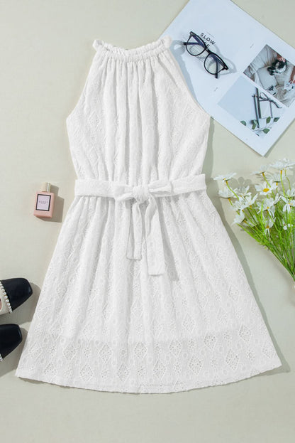 Elegant White Lace Mini Dress with Sleeveless Design and Back Knot Detail