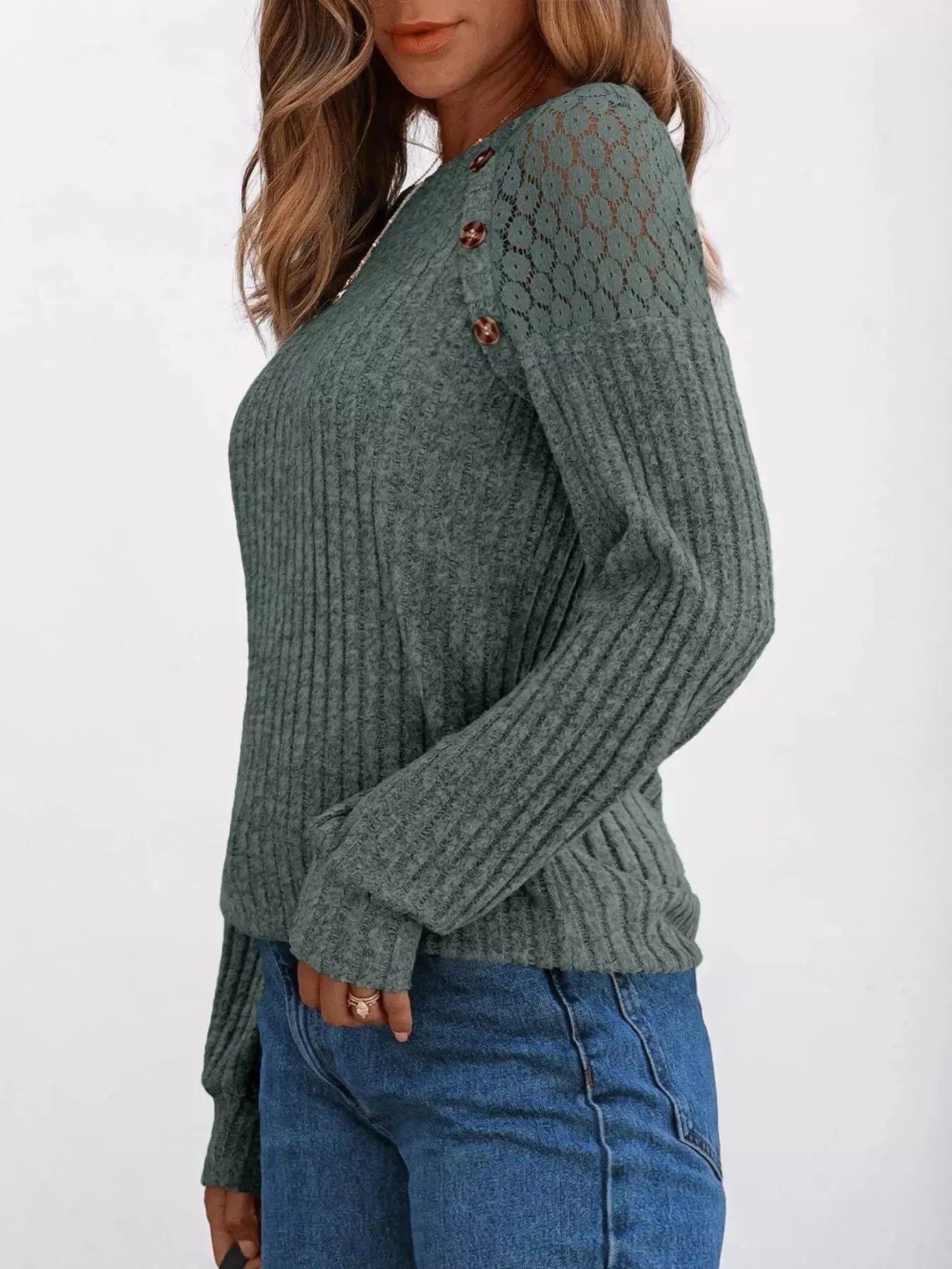 Ribbed Knit T-Shirt with Lace Shoulder Detail Simply Love