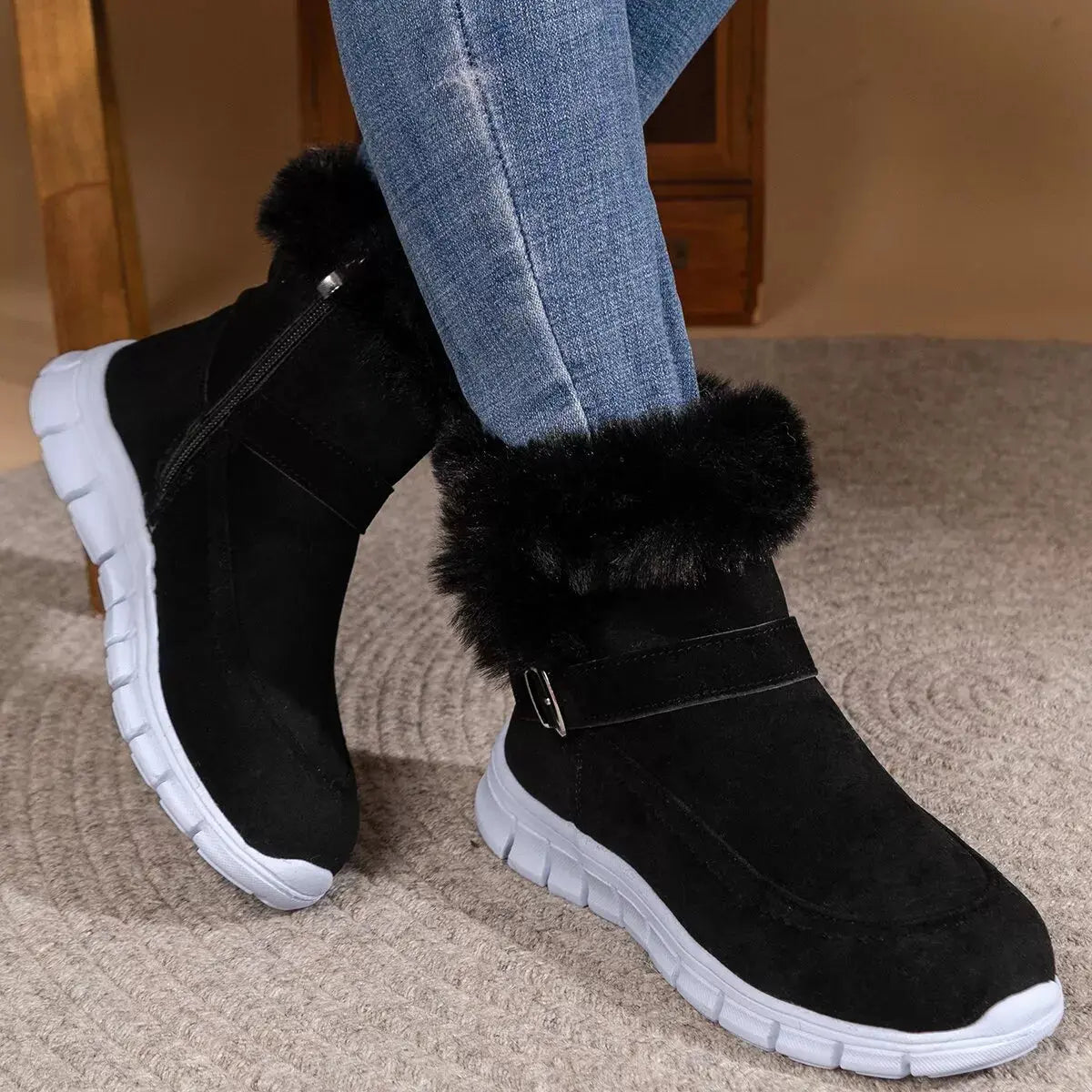 Fuzzy Trim Buckle Ankle Boots With Faux Fur Lining Simply Love