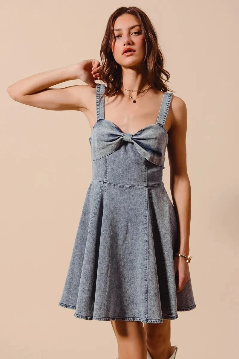 SO ME Mineral Washed Bow Ribbon Denim Flare Dress Coco’s Tee Boutique